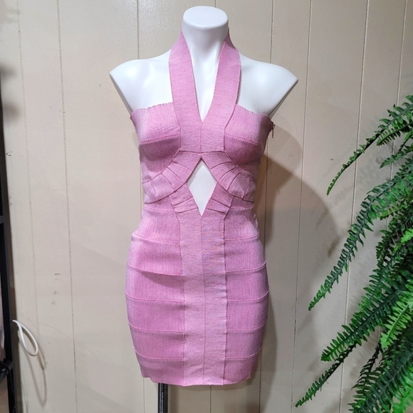 WOW Couture Sparkling Pink Rose Dress Sz S Sexy Halter Bodycon Dress - Picture 1 of 12